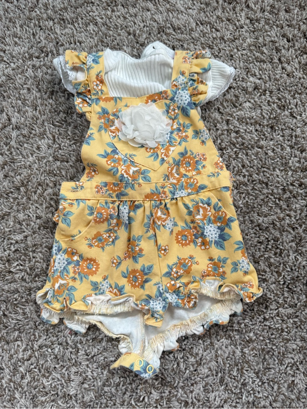 Little Lass Yellow Floral Romper with White Flower Accent